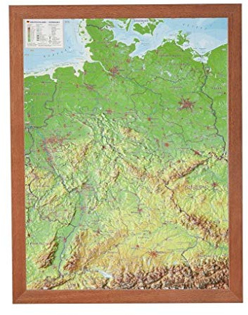 Deutschland klein mit Rahmen 1:2.4MIO: Reliefkarte Deutschland klein mit Holzrahmen: Tiefgezogenes Kunststoffrelief