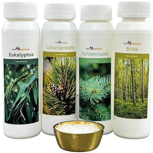 Well2wellness - Set da 4 infusi per Sauna da 125 ml, eucalipto, Aghi di Pino, Pino di Montagna e Betulla