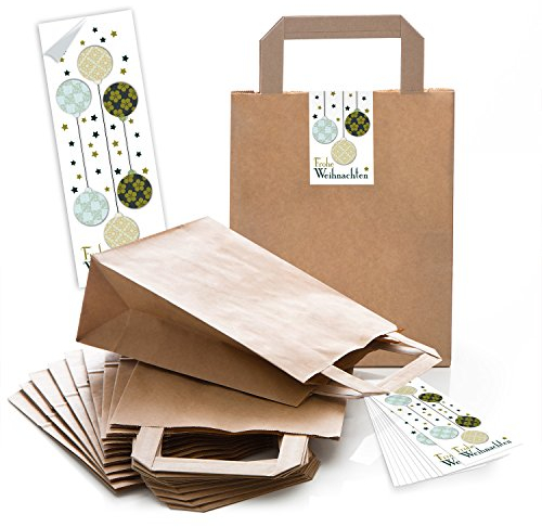 Logbuch-Verlag 25 weihnachtliche Geschenktüten braun mit Boden & Henkel 18 x 8 x 22 cm + Frohe Weihnachten Sticker