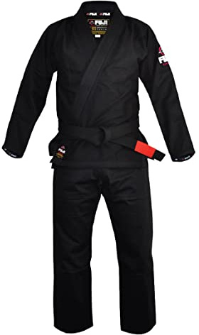 FUJI Lightweight Brazilian Style Jiu Jitsu Uniform, BJJ Uniform with Pearl Weave Fabric Jacket and Bungee Drawstrings, Black, Size A3