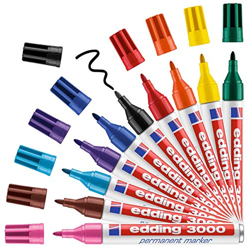 edding 3000 Permanentmarker - 10 Stifte in Stiftehalter - Rund-Spitze 1,5-3 mm - schnell trocknender Permanent Marker - wasserfest, wischfest - für Karton, Kunststoff, Holz, Metall - Universalmarker