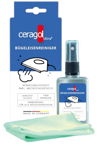 ceragol ultra Bügeleisenreiniger - Reinigungs-Spray für alle Bügel-Sohlen, Flüssig-Reiniger entfernt Schmutz & Kalk, 50ml Sprühflasche + Microfasertuch