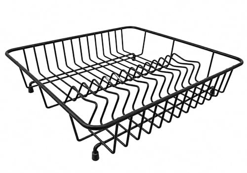 Delfinware Square Dish Drainer 37cm – UK Made Sturdy Black Rack with Rubber Feet, Plastic Coated Steel, Rust Resistant, Eco-Friendly Kitchen Plate & Cup Drainer – 37 x 37 x 9.5cm