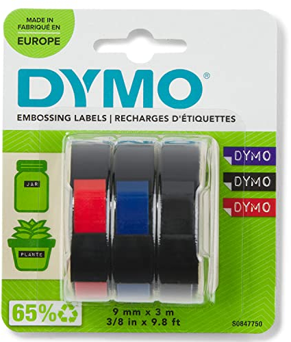 DYMO Original Prägeband | 3D schwarz | blau, rot und schwarz | 9 mm x 3 m | selbstklebendes Kunststoff Etikettenband | für Junior & Omega Beschriftungsgerät | 3 Stück