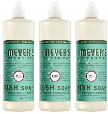 Mrs. Meyer's Liquid Dish Soap, Biodegradable Formula, Basil, 16 fl. oz - Pack of 3