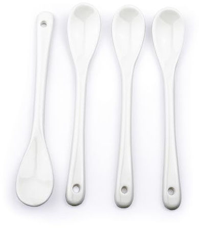 RSVP International Poached Egg Spoon, 4 Piece Set Multipurpose Use for Serving Jam, Honey or Soft Boiled Eggs, 5.5 Length, White Porcelain