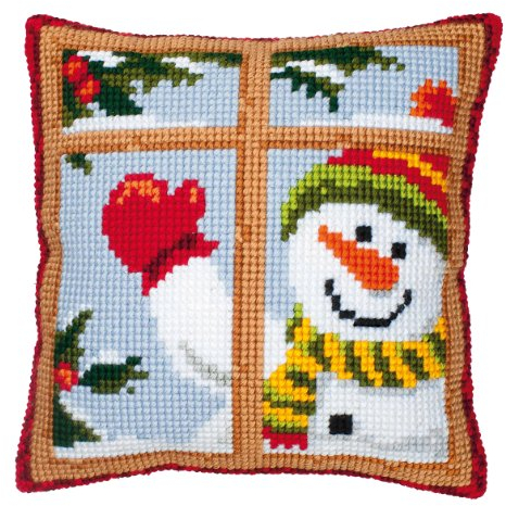 VERVACO Kreuzstich Stickpackungen Kissen Stickerei Set Anfänger Vorgedruckt Glücklicher Schneemann DIY Set Kreativ Set Für Erwachseneca. 40 x 40 cm Bastelset Handwerker Haus Dekoration