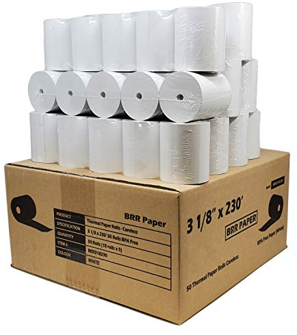 (55 GSM Paper Thickness Coreless) 3-1/8 x 230' (50 Rolls - 1 Case) Bpa Free Thermal Receipt Printer Paper | No Branding | Blank Tabs | Drop Shipping