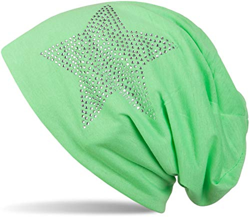 styleBREAKER Damen Beanie Strass Stern Baumwollmix 59cm | Slouch Design. Glitzer Applikation. Bundweite 26cm. Höhe 26cm. elastisch. weiche Haptik. Einheitsgröße.