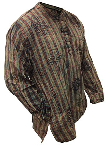 Shopoholic Fashion Men's Hippie Stonewashed Stripe Long Sleeve Cotton Summer Grandad Shirt (2XL,Green)