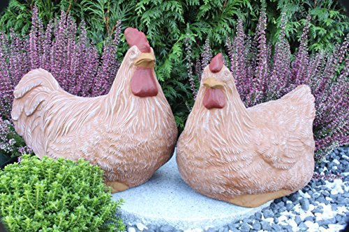 STEINFIGUREN SPICKER Steinfigur Huhn, Henne, Hahn 2er Set 135/3, 180/3 Gartenfigur Steinguss Tierfigur Terrakaotta Patina