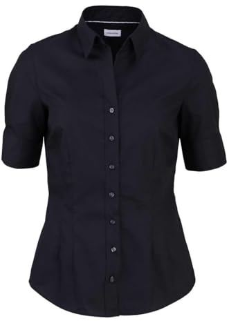 Sidenklistermärken damer blus – skjortblus – strykfri – slim fit – kortärmad – uni – 100% bomull, Svart (080614), 36