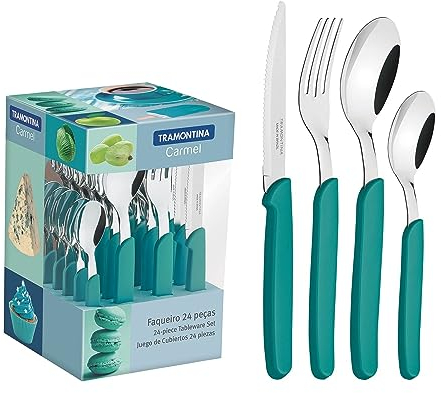 Tramontina Set di posate da 24 pezzi con lame in acciaio inossidabile e manici in polipropilene verde Carmel