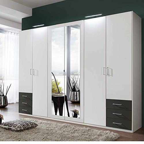 Kleiderschrank mit Spiegel, Alpin-Weiß, Graphit-Grau, 270 cm | Drehtürenschrank 6 türig mit 6 Schubladen im klassischen Stil