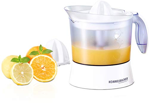 ROMMELSBACHER Zitruspresse ZP 40 – 1 Liter Saftbehälter, leiser Motor, Rechts-/Linkslauf, Einstellung des Fruchtfleischgehaltes, 2 Presskegel für große und kleine Früchte, 40 Watt, weiß