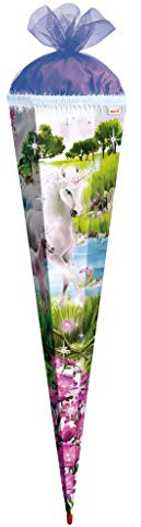 alles-meine.de GmbH 3-D Schultüte - Einhorn 85 cm 6 eckig - mit Holzspitze/Tüllabschluß und Glitzer - Zuckertüte Roth Pferd Einhörner Glitzer Glitter Borte