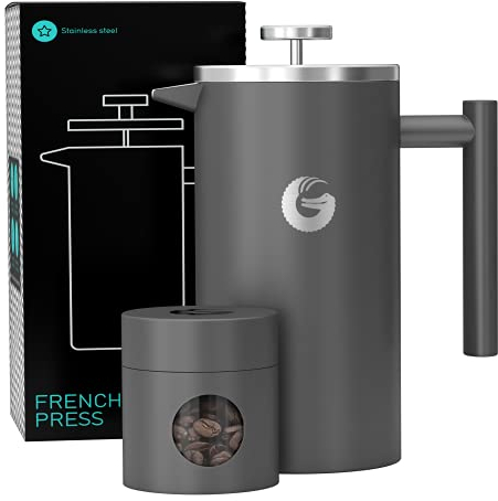 Coffee Gator Cafetiere French Press plus Mini Jar Canister, Double Walled Insulated Coffee Press with Stainless Steel Filter, Hot Cold Brew Tea Maker, 1 Liter (4-8 Cups)