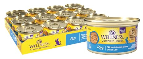 Wellness Complete Health Pate Adult Canned Wet Cat Food, Natural, Protein Rich, Grain Free, Chicken and Herring Dinner Recipe, 3 oz, Pack of 24 Cans