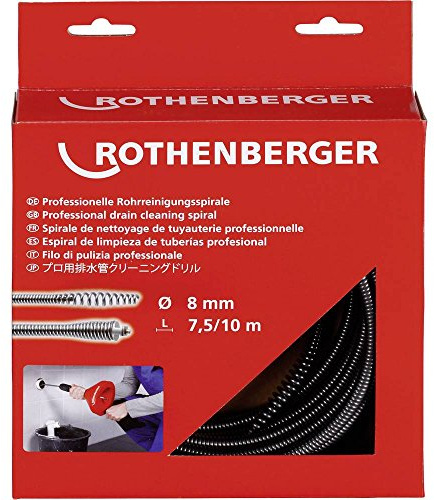 ROTHENBERGER Rohrreinigungsspiralen mit Keulenkopf, 8mm Spiraldurchmesser, 7.5m Arbeitsbereich Länge | 72412 | Spirale von Rohrreinigungen für SHK-Betrieb und Hausmeisterservice