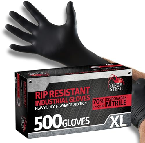 Venom Steel VEN6544 Nitrile Gloves, Rip Resistant Disposable Latex Free Black Gloves, 2 Layer Gloves, 6 mil Thick, X-Large (Pack of 500)