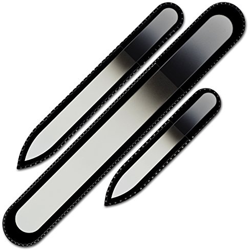 Mont Bleu Conjunto de 3 limas de uñas de cristal de color en estuche de terciopelo negro, vidrio templado checo auténtico, Garantía de por vida | Fabricado a mano en la República Checa
