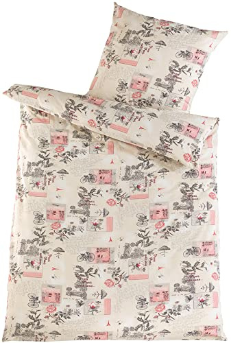Unbekannt Baumwoll Seersucker Bettwäsche 135 x 200 +80x80 cm, Creme Rose grau, Gemustert, bügelfrei (W418094)