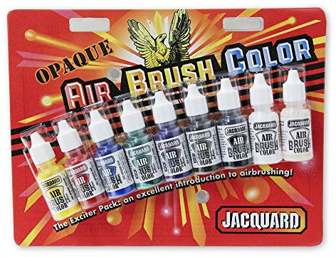 Jacquard Opaque Airbrush Paint Set with 8 Vibrant Colours, Multi-Surface Water-Based Acrylic Formula for Fabric Leather and Models, Ready to Use Exciter Pack of 14ml Bottles