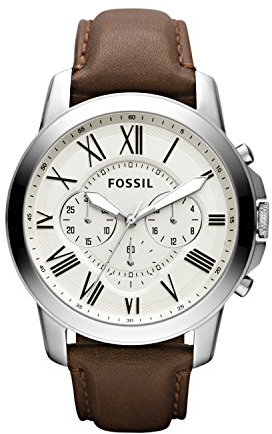 Fossil Grant uhr für Herren, Quarz-Chronographenwerk, mit Edelstahl- oder Lederarmband, Weiß und Braun, 44MM