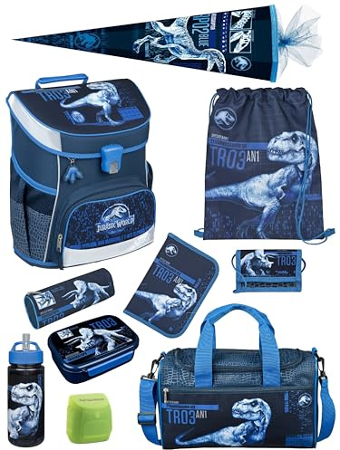 Familando - Scooli Campus Fit Schulranzen Set - 10-teilig mit Schultüte - Jurassic World Dinosaurier - Ergonomisch, Stabil & 980g leicht - 18L Volumen - Brustgurt & Reflektoren - Ab 1. Klasse