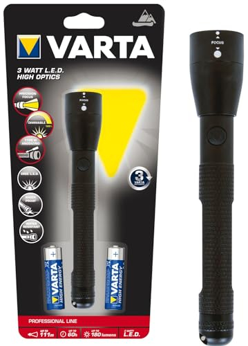 Varta 18811 Torcia LED a Mano Premium LED Hight Optics Flashlight F20, 180 Lumen, 2x Longlife Power Stilo AA Incl, 3 Watt, Alluminio Anodizzato, Impermeabile IPX4 Luce Dimmer, Strobo per emergenza, Nero, Torcia Professionale