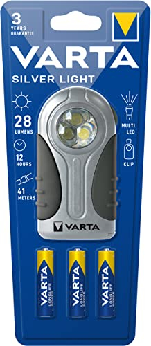 VARTA Lampe Torche LED incl. 3x piles AAA, Silver Light, lampe de poche avec anneau de suspension, corps robuste avec poignée en caoutchouc, compacte et maniable, faisceau large