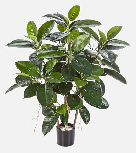 artplants.de Deko Gummibaum, 135 Blätter, 4 stämmig, 90cm - Kleiner Dekobaum - künstlicher Gummibaum