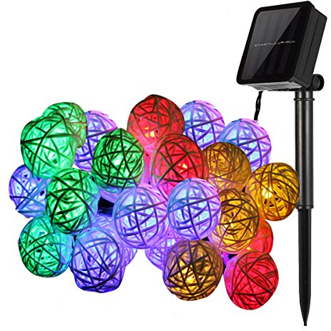 KINGCOO Solar Laternen Lichterkette Außen, 20LED Rattan Solar Kugeln Lampions Schnur Licht für Garten Party Hochzeit Weihnachtenbeleuchtung Dekoration (Mehrfarbig)
