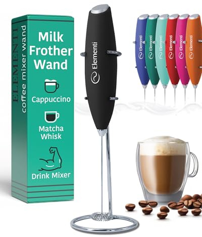 Milk Frother Wand & Electric Stirrer with Stand - Turbo Coffee & Milk Frother Handheld - Hand Held Coffee Mixer Wand & Cold Foam Maker for Frothy Cappuccinos, Lattes & Drink Mixes at Home (Black)