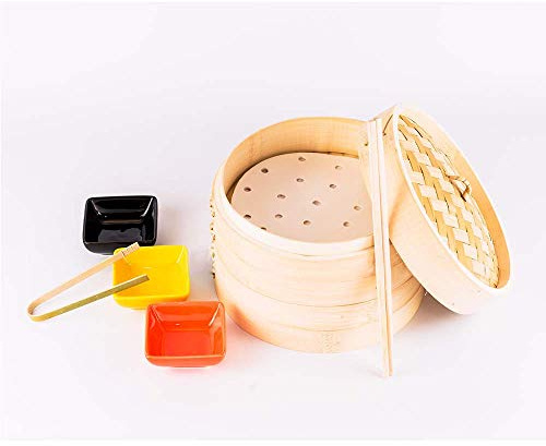 8 Bamboo Steamers Two Layer with One Lid and Free 25 Dim Sum Paper, Tong & Chopsticks