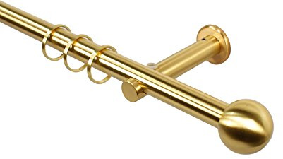 Gardinenstange in Messing Optik 16 mm mit Endstück Kugel, Vorhangstange aus Metall mit Gardinenringen, Set zur Wandmontage mit 1 Schraube pro Wandhalter, 180 cm