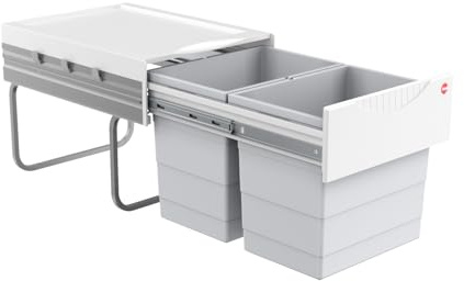 Hailo Abfallsammler 364112 | Raumspar-Tandem 2x 18 Liter | ab 40cm Schrank mit Drehtür | 346 x 475 x 336 mm | Kunststoffteile hellgrau | 2 fach Abfalltrennsystem per Handauszug | einfache Bodenmontage