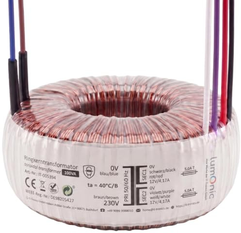 Lumonic transformateur toroïdal Transformateur 100VA 2x12V pour audio, industriels, halogènes et sur rails - 230V tension d'entrée - 24V tension secondaire - Modèle RSO-826026