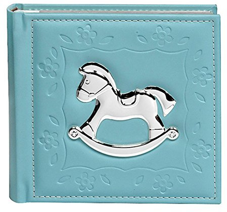 BLAUES BABY-JUNGES-SPEICHERBUCH-FOTO-ALBUM MIT SILBEREM FELSEN-PFERD 80 x 6x4 (10x15)