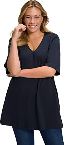 Ulla Popken Damen große Größen Übergrößen Plus Size T-Shirt, V-Ausschnitt, Relaxed, Halbarm Marine 46+ 515283755-46+