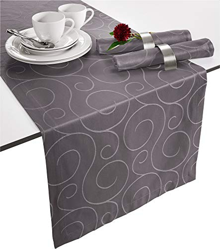 Erwin Müller Tischläufer, Tischdecke Oberhausen, Jacquard Ranken anthrazit Größe 40x130 cm - pflegeleicht, bügelleicht, mit Kuvertsaum