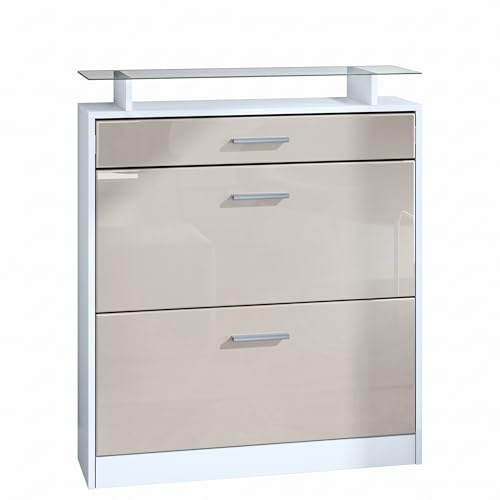 Vladon Schuhschrank Loret 89 x 104 x 23 cm Schuhkipper für 16 Paar Schuhe mit 1 Schublade, 1 Glasablage, Farben Weiß matt & Sandgrau Hochglanz