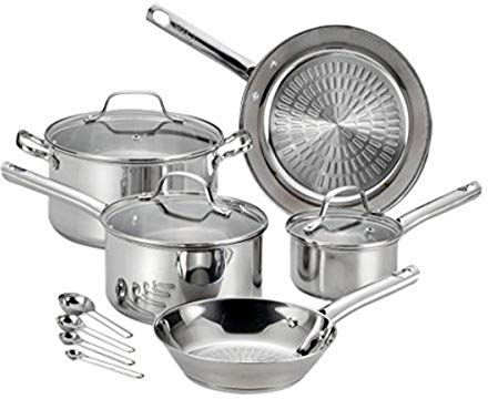 T-fal Performa - Juego de utensilios de cocina de acero inoxidable, 12 piezas, apto para horno de inducción, apto para asador, ollas y sartenes de 500 F, apto para lavavajillas, color plateado