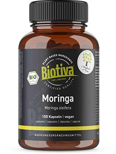 Gélules de moringa bio (150 capsules) - 500mg par capsule - Sans additifs - Conditionné et contrôlé en Allemagne - Biotiva