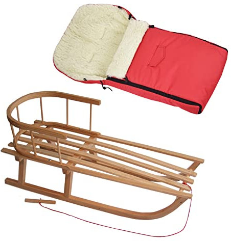 BAMBINIWELT Kombi-Angebot Holz-Schlitten mit Rückenlehne & Zugseil + universaler Winterfußsack (90cm), auch geeignet für Babyschale, Kinderwagen, Buggy, aus Wolle Uni (Rot)