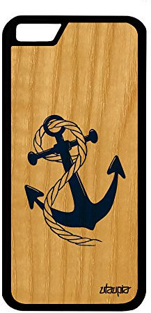 Coque en Bois Silicone Apple iPhone 6 6S Ancre Telephone Raye Mariniere Bleu de