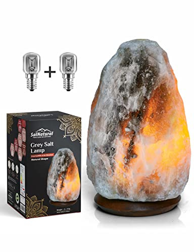 SalNatural Grau Salzkristalllampe (Salzlampe bekannt als Himalaya Salz) aus der Salt Range Punjab, Pakistan auf einem Edelholzsockel incl. 1.5m Kabel mit Lampenfassung und Schalter + 2x Glühbirnen 15W