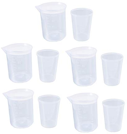 HEALLILY Vasos medidores de plástico con escala 100 ml Vaso graduado de 50 ml para mezclar mancha de pintura máscara de resina epoxi contenedor de líquido de laboratorio 10 piezas
