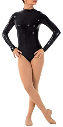 IWEMEK Damen Ballettanzug Glänzende Langarm Body Wetlook Danz Ballett Trikot Gymnastikanzug Turnanzug Metallic Einteiler Lack Leder Bodysuit Overall Leotard Top Kostüme Schwarz XL