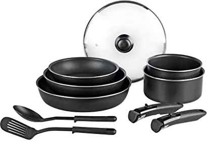 Sitram 712763 - Batería de aluminio (10 unidades, 3 sartenes Ø20/24/28 cm, 2 sartenes Ø16/20 cm, 2 utensilios de nailon, 1 cubierta. Vidrio Ø24 cm, 2 mangas extraíbles, todos los fuegos, incluida la